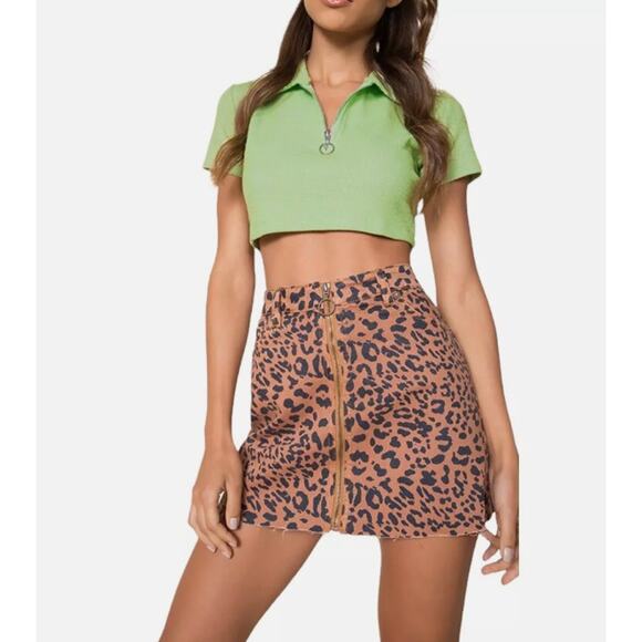Free People Leopard Denim Mini Skirt Size 24 Brown Animal Print Coquette Mobwife - Picture 2 of 7